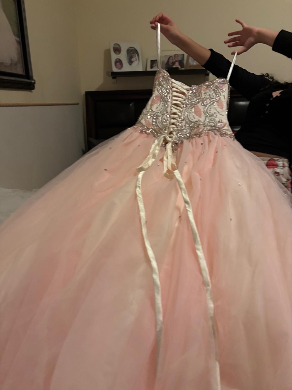 Pink Beaded Lace-Up Ball Gown Dress